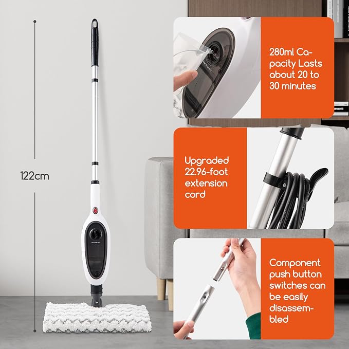 REECOO Steam Mops for Floor Cleaning, Unique Double-Sided Flip Design, 15 Seconds Fast Heating，10-in-1 Steam Cleaner for Kitchen, Living Room Wood Floor Tile Cleaning