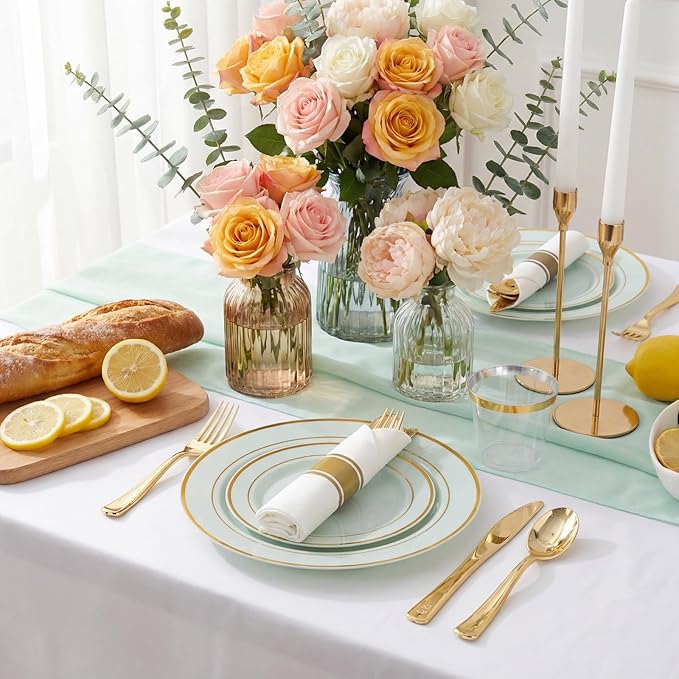WDF Partyware 350PCS Green Plates Disposable - Sage Green Plastic Plates 50Guests Plastic Dinnerware with Rolled Napkins for Party/Birthday/Spring