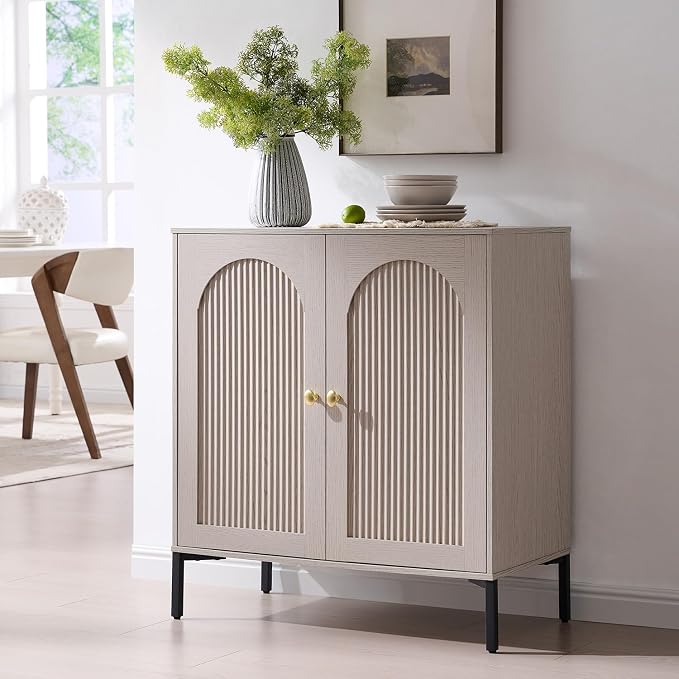 IFGET 34"Tall Modern Arch Sideboard Buffet Cabinet with Storage, Light Grey | Fluted Arched Sideboard Cabinet w/Adjustable Shelves, Wood Modular Kitchen Cabinet for Dining& Living Room, Kitchen, Entryway
