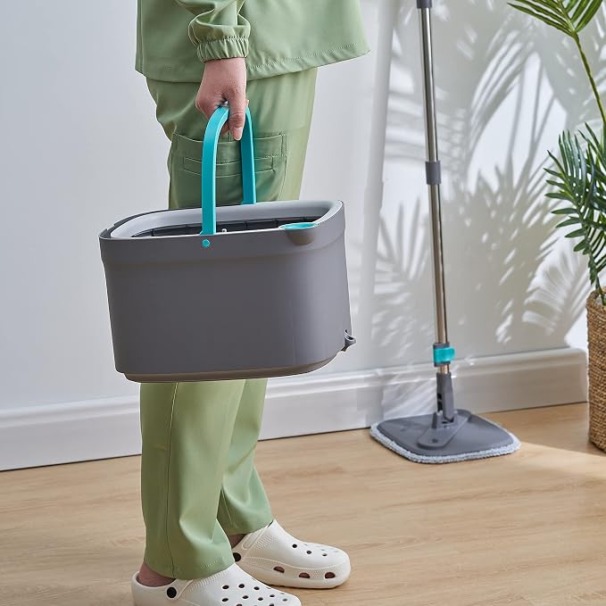 Spin Mop and Bucket with Separate Compartments for Clean and Dirty Water NEW 2025 Upgraded Version w/Side Brush and Self Standing Handle, Smart Square Mop w/ 2 Machine Washable Microfiber Pads, Gray