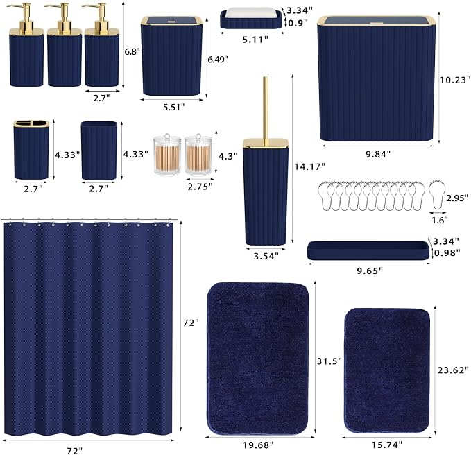 Bathroom Accessory Set - Bathroom Set, 12PC Bathroom Accessories Set, Navy Blue Bathroom Accessories Set, Mini Trash Can, Toilet Brush, Trash Can & Soap Dispenser