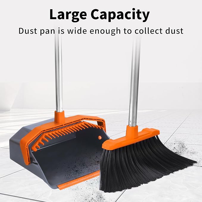 Tiumso Broom and Dustpan Set with 51'' Long Handle, Upright Broom and Dustpan Combo for Home Kitchen Office Restaurant Garage Lobby Dog Cat Pets Hair - Grey and Orange
