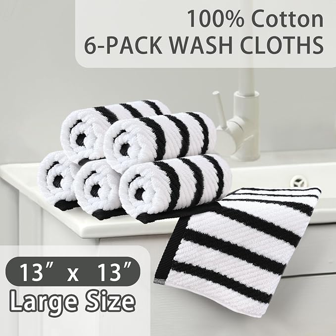VOOVA & MOVAS Wash Cloths 4PC, 100% Cotton, 13x13 in, Black White | Thick, Quick Dry, Soft, Absorbent, Dorm Room Essentials, Perfect For Bath, Travel, Gym