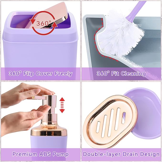 XLHOMO Bathroom Set, 9PC Bathroom Accessory Set, Purple Bathroom Accessories, Purple Bathroom Set, Trash Can, Soap Dispenser for Home Decor