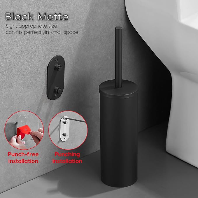 Toilet Bowl Brush and Holder, Black | 304 Stainless Steel, No-Punch Hook Base, Removable Inner Bucket, Splash Cover, Soft Bristles