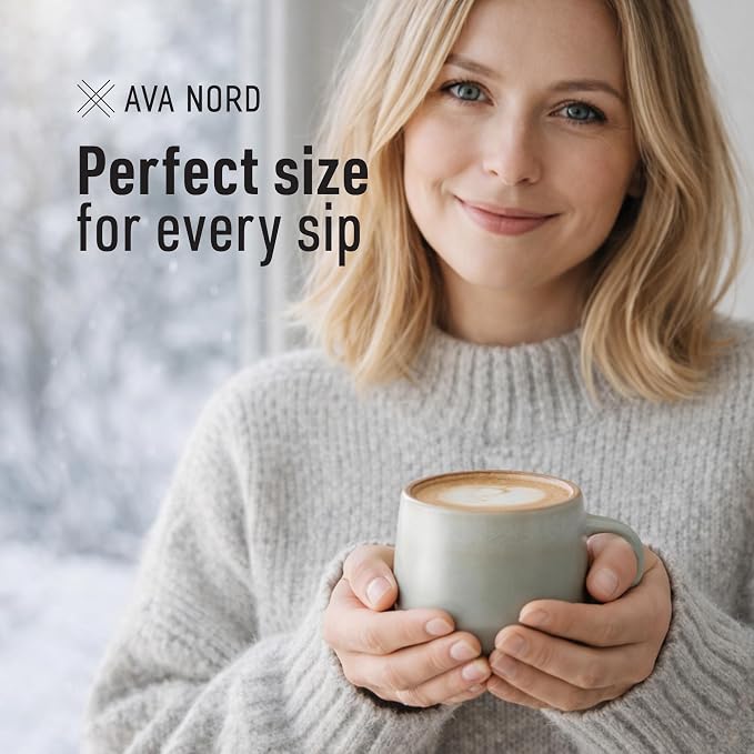 Ava Nord Small Stoneware Ceramic Coffee Mugs Set of 4 | 6 oz | Sage Ash | Lead-Free, Non-Toxic, Freezer - Microwave & Dishwasher Safe, Comfortable Handle, Aesthetic Nordic Design for Cappuccino