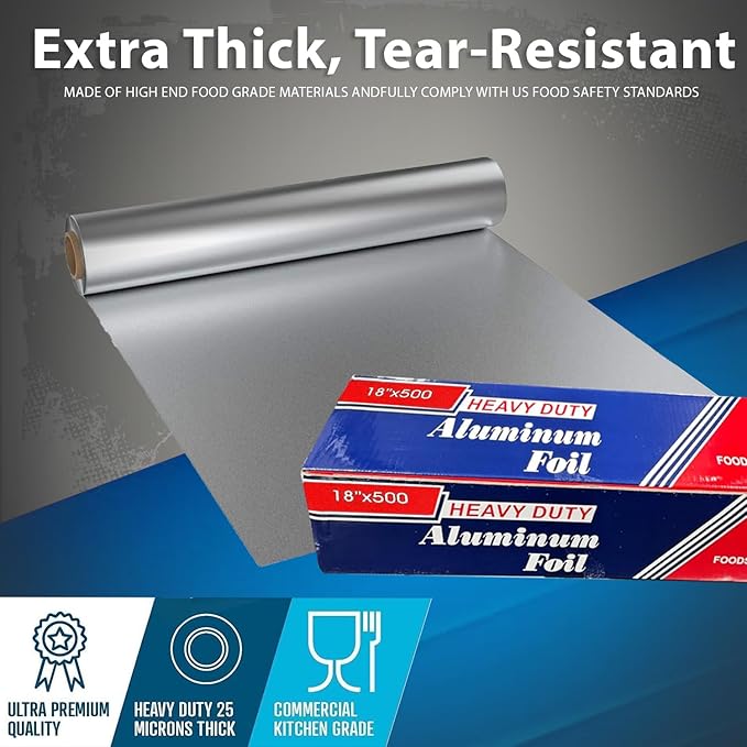 18" x 500 ft Heavy Duty Food Safe Aluminum Foil Roll - Durable and Tear-Resistant for Cooking, Grilling, and Roasting - Ideal for Restaurants, Catering, and Professional Kitchens