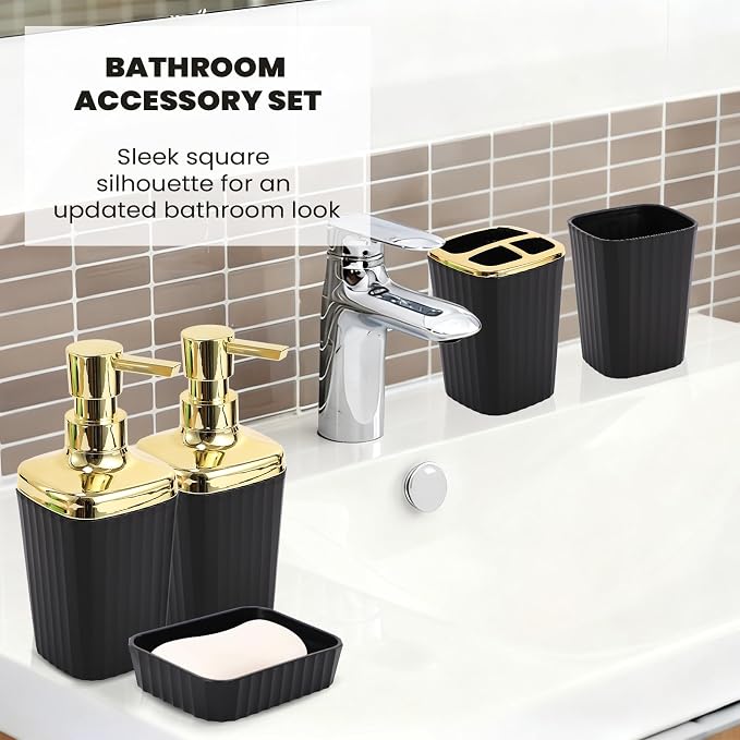 XLHOMO Black and Gold Bathroom Accessories Set - 9 Piece Complete Organization Kit with Slim Pop-up Trash Can, Toilet Brush, Lotion Dispensers, Jars & Soap Dish - Modern Matte Stripe Bathroom Decor