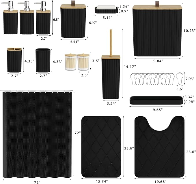 Bathroom Accessory Set - Black Bathroom Set, 27PC Bathroom Accessories Set, Bathroom Sets with Shower Curtain and Rugs, Mini Trash Can, Toilet Brush, Trash Can & Soap Dispenser