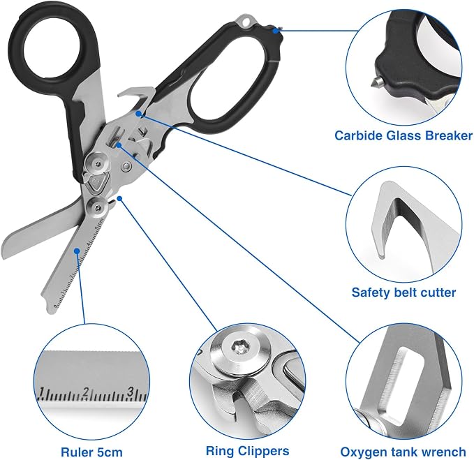 Heavy Duty 6 in 1 Multifunctional Trauma Shears Foldable | Stainless Steel emergency response scissors | Survival Shears with Holster | Medical Trauma shears Tactical With Strap Cutter | Black