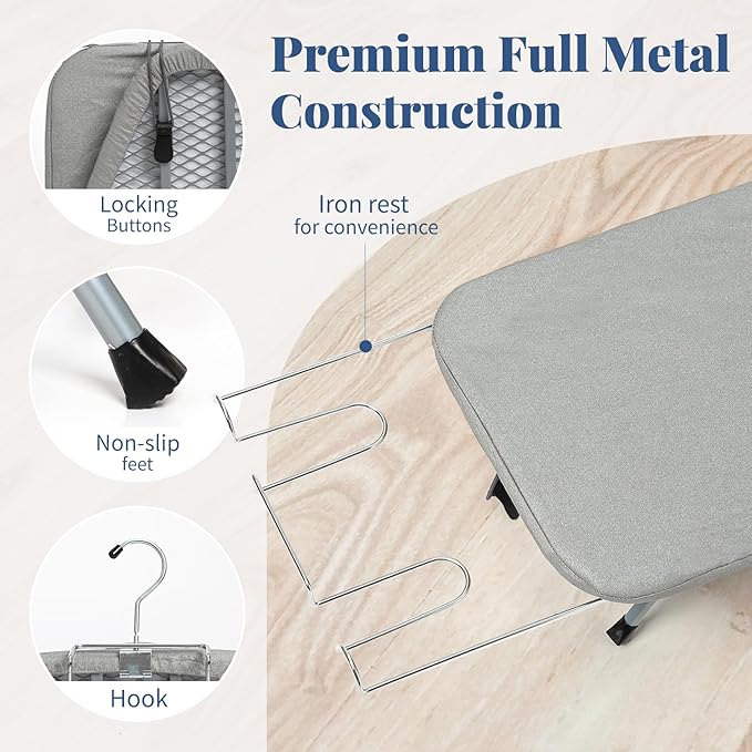 Tabletop Ironing Board with Iron Rest 31"x12" Grey | BlissBoard Small Foldable Mini Compact Iron Table, Heat Resistant Cover for Dorms, Apartment and Travel