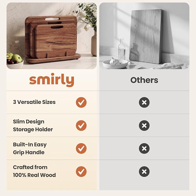 SMIRLY Cutting Boards for Kitchen - 3 Piece Walnut Cutting Board with Stand | Double-Sided Wood Cutting Board, Wooden Cutting Boards Non Toxic for Meat Vegetable Fruit, Food-Grade