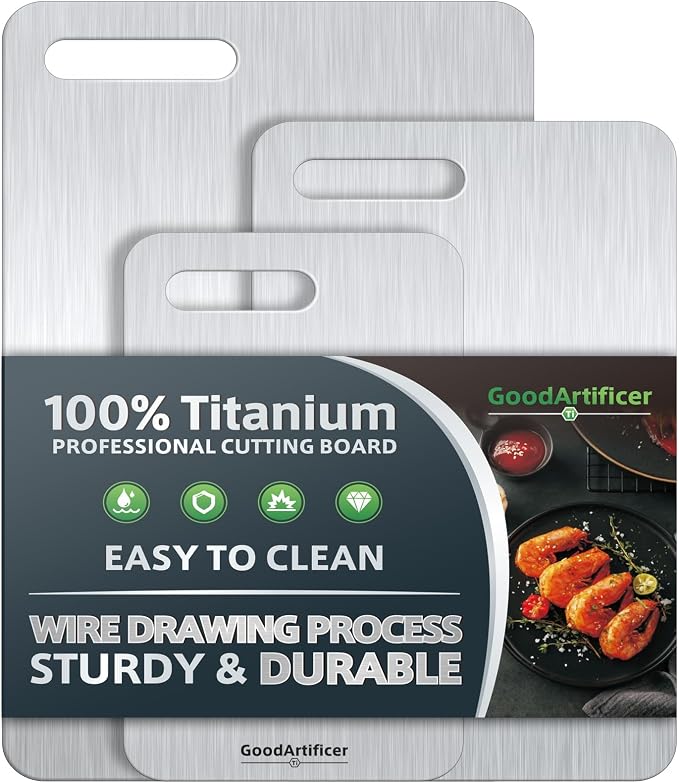100% Pure Titanium Cutting Board for Kitchen Double-Sided Non-Toxic Titanium Cutting Board with Handle, Dishwasher Safe Chopping Board for Meat, Vegetables & Fruits, Cutting Board Set in S/M/L Sizes