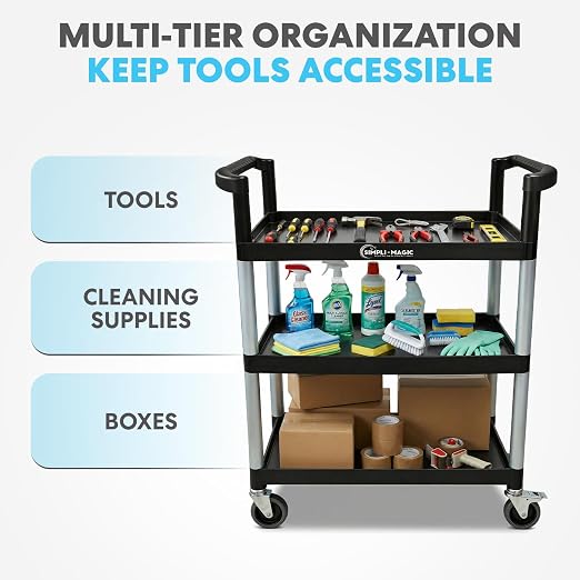 Simpli-Magic Rolling Utility Cart on Wheels, Heavy Duty Multi-Purpose Service Cart, Silver & Black, Garage, Warehouse & Commercial Use