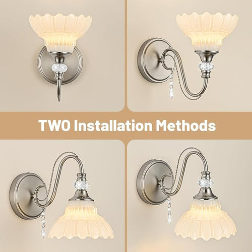 1 Piece Brushed Nickel Finish Wall Sconce, 1-Light Modern Wall Sconce with Hanging Crystal Accents and Flower-Shaped White Shades for Bathroom Bedroom Living Room,Modern Vanity Light