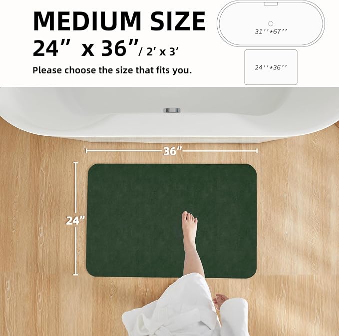TYUU Bathroom Mat Quick Dry, Bathroom Rugs Non Slip Washable Thin Absorbent Bath Mat Fits Under Door Bathroom Floor Mat Perfect for Bath, Shower, or Sink 24"x36" Dark Green
