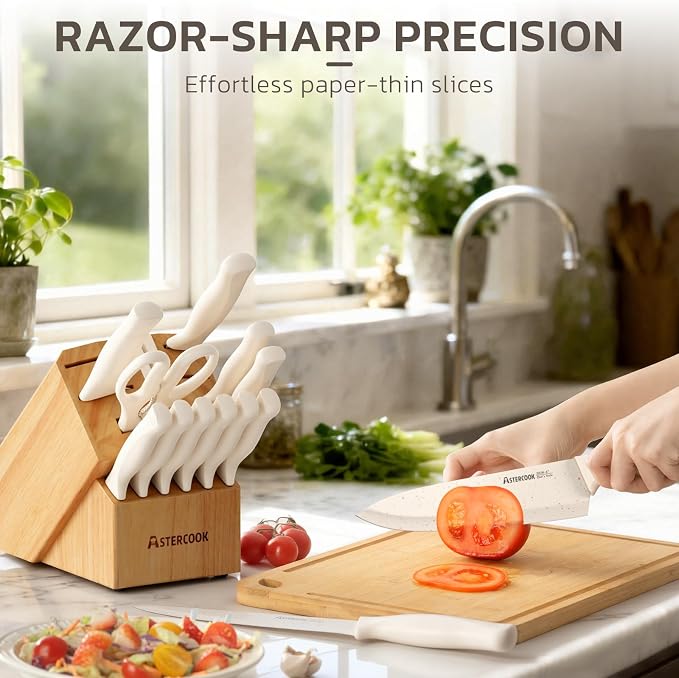 Astercook Knife Set, 15 Pieces Kitchen Knife Set with Sharpener Block, German Stainless Steel Knives with Anti-Rust Coating, Dishwasher Safe, Elegant Cream White Design, Perfect for Holiday Gifts
