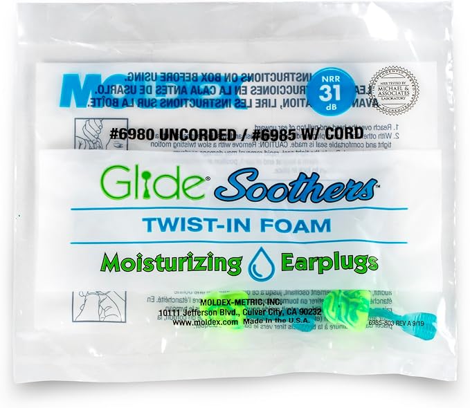 Moldex Glide® Soothers Foam Earplugs, Moisturizing, Soft, Comfortable, Uncorded Disposable Ear Plugs, NRR 31dB Noise Reduction for Hearing Protection, 6980