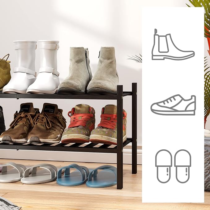 viewcare 2-Tier Black Bamboo Shoe Rack for Entryway, Stackable | Foldable | Natural, Shoe Shelf Storage Organizer for Hallway Closet, Free Standing Shoe Racks for Indoor Outdoor