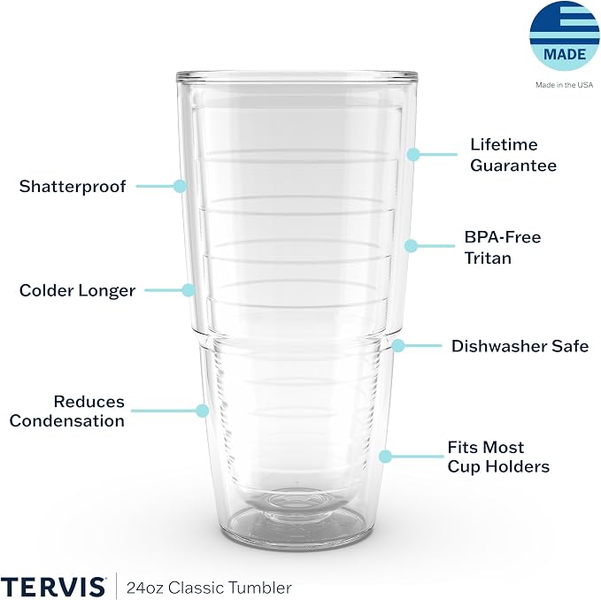Tervis Clear & Colorful Tabletop Made in USA Double Walled Insulated Tumbler Travel Cup Keeps Drinks Cold & Hot, 24oz, Quartz | Made in USA, Double-wall Insulated, Shatterproof, BPA-Free, Dishwasher Safe, Fits Most Cupholders, Gifts under $25