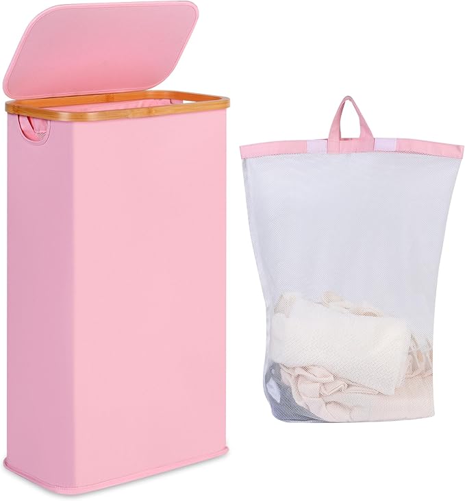 iEGrow 65L Slim Laundry Hamper, Narrow Laundry Basket with Lid,Foldable Clothes Hamper with Bamboo Handles,Hamper Basket with Removable Inner Bag for Laundry Room Bedroom College Dorm,17.17 Gals Pink