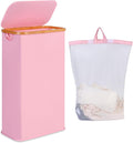 iEGrow 65L Slim Laundry Hamper, Narrow Laundry Basket with Lid,Foldable Clothes Hamper with Bamboo Handles,Hamper Basket with Removable Inner Bag for Laundry Room Bedroom College Dorm,17.17 Gals Pink