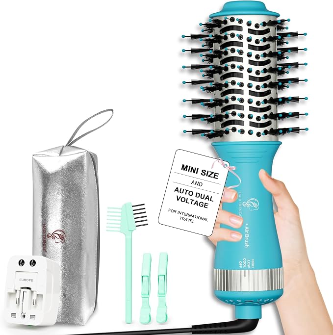 Travel Size Mini Hot Air Dryer Straightener & Curler Brush, Dual Voltage 2-Inch Nano Titanium Blowout Styler Volumizer Tool, European Blow Dryer Brush with Universal Adapter