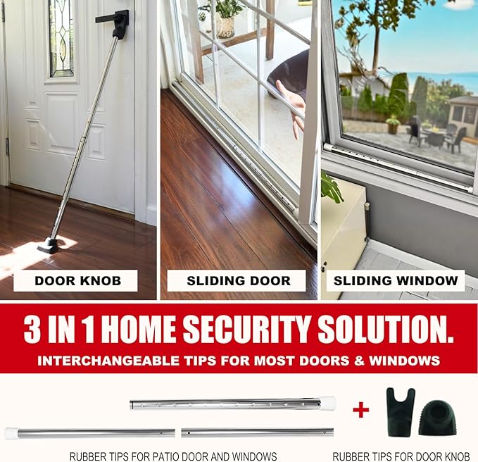 SECURITYMAN 3-in-1 Door Security Bar, Security Door Stoppers & Door Barricade – Heavy Duty Adjustable Iron Security Lock Bar for Home Defense, Apartment & Travel Safety (1 Pack - Chrome)