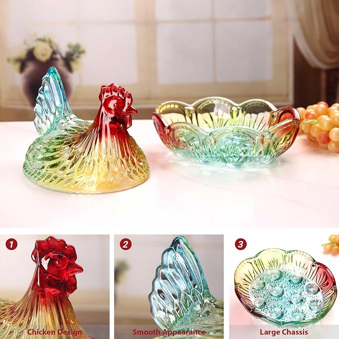 Hen-Shaped Crystal Glass Candy Dish,Pastoral Style Candy Bowl with Lid,Muti-Color Tabletop Dessert Plate Snack Bowl Egg Tray