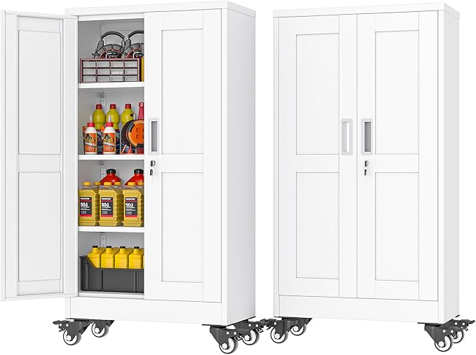 PAOFIN Metal Garage Storage Cabinet with Wheels,Steel File Cabinets with 2 Doors and 3 Adjustable Shelves for Home Office, Warehouse, Required Assembly,White