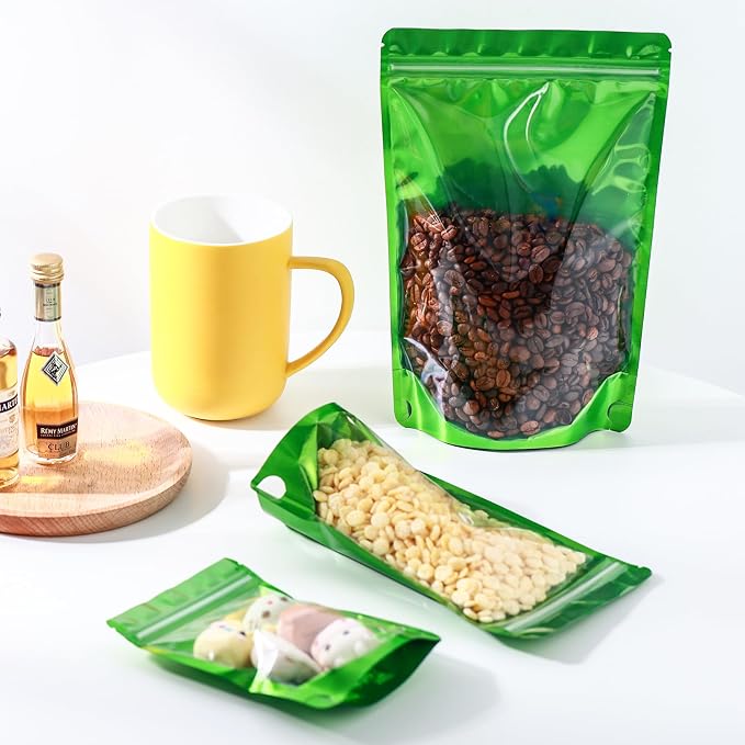 150 Pcs Mylar Bags for Food Storage, 5x8 Mylar Bag with Window Stand Up, Small Holographic Resealable Bags Smell Proof Bag Food Packaging for Small Business Freeze Dried Candy Jewelry Foil Packaging