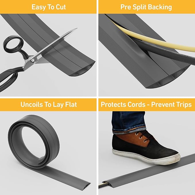 D-Line Cable Protector, 1/2 in H, 6 ft L, 2-3/8 in W, 1 Channel, PVC, Gray CC-4-1 Each