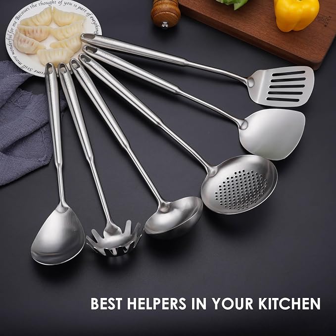 6 PCS All Metal Cooking Utensils Set - 18/10 Stainless Steel Kitchen Tools | Professional Cooking Spoons Set, 15" Spatula, Ladle, Skimmer Spoon, Pasta Serve, Large Spoon, Slotted Spatula Turner