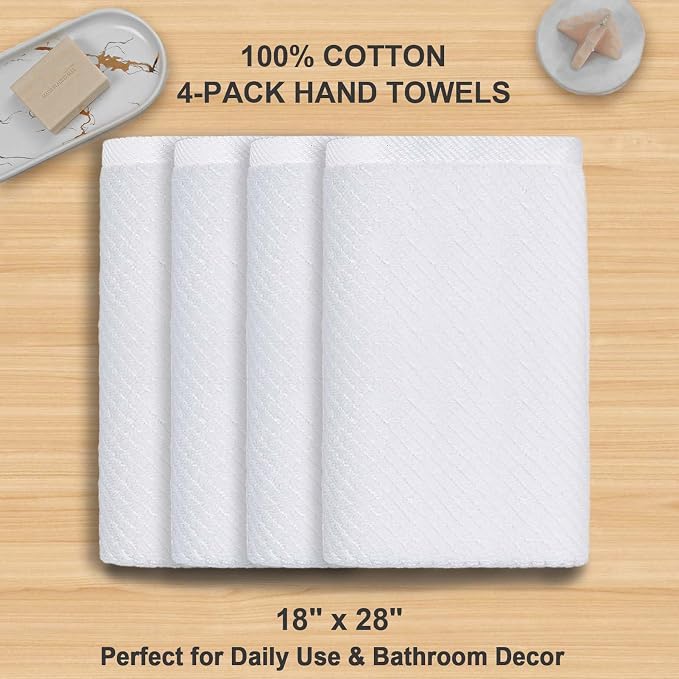VOOVA & MOVAS White Hand Towels 4PC, 100% Cotton, 18x28 in | Thick, Quick Dry, Soft, Absorbent, Luxury Towel Gift Set, Suitable For Housewarming, Wedding, Holiday Gift