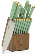 Martha Stewart 16-Piece Lockton High Carbon Stainless Steel Knife Block Set - Forged Full Tang Chef Knives, Acacia Wood Block, Triple Riveted Handles, Sage Green & Gold