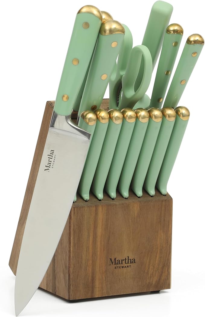 Martha Stewart 16-Piece Lockton High Carbon Stainless Steel Knife Block Set - Forged Full Tang Chef Knives, Acacia Wood Block, Triple Riveted Handles, Sage Green & Gold