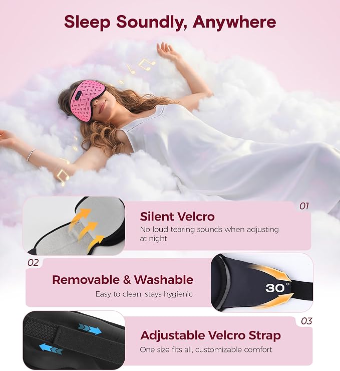 MUSICOZY Bluetooth Sleep Mask, Cooling Weighted Eye Mask with Bluetooth Headphones for Side Sleepers, 3D Contoured Relaxing No Pressure Eye Cover to Block Light for Night Sleeping(Grid Pink)