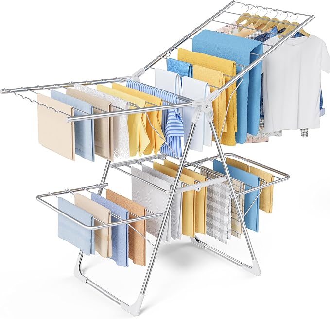 Sakugi Clothes Drying Rack, Foldable 2-Level Laundry Drying Rack with Height-Adjustable Wings, for Clothing & Bedding, Free-Standing Space-Saving Rack, Indoor & Outdoor, 55.5"L × 22.8"W, Silver White