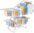 Sakugi Clothes Drying Rack, Foldable 2-Level Laundry Drying Rack with Height-Adjustable Wings, for Clothing & Bedding, Free-Standing Space-Saving Rack, Indoor & Outdoor, 55.5"L × 22.8"W, Silver White