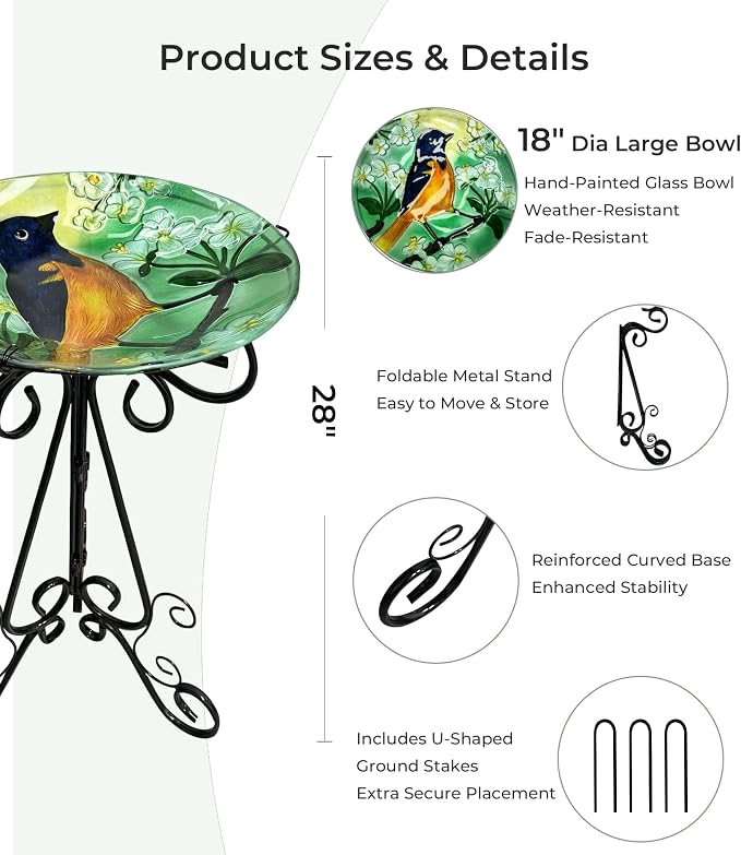 Large Glass Bird Bath with Metal Stand, Baltimore Oriole | 18" Wide Bowl, 3.2" Bathing Depth, Thick Glass Construction, Stable 3-Leg Base, Easy Clean Surface, Garden Decor