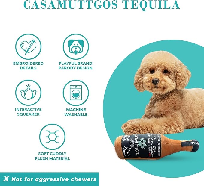 Haute Diggity Casamuttgos Tequila, Plush Designer Dog Toys with Interactive Squeaker, Stimulating Pet Enrichment, Machine-Washable & Safe Materials for All Breeds, One Size