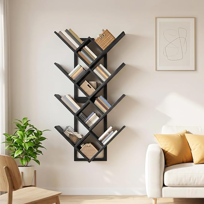 HOOBRO Floating Shelves for Wall, Set of 2 Wall Mounted Shelves, 2-Tier Wooden Tree Bookshelf, Hanging Shelves Storage Rack, for Living Room, Kitchen, Office, Black BB54BJP201