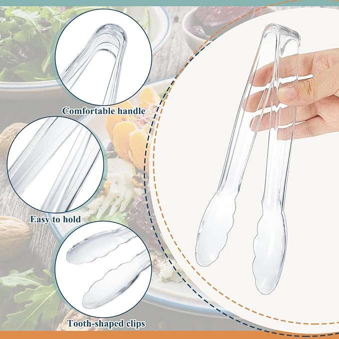 Tessco for you 100 Pcs Plastic Tongs for Serving Bulk, 9 Inch Plastic Disposable Serving Tongs, Heavy Duty Salad Tong for Kitchen, Buffet, BBQ, Events & Catering (Transparent)