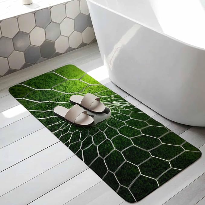 Soccer Bathroom Runner Rugs Non Slip Washable Absorbent Narrow Long Bath Mat Goal Net Competitive Green Grass Athletic Runner Rugs for Kitchen Hallway Bedroom Laundry Study Room 31.5"x63"