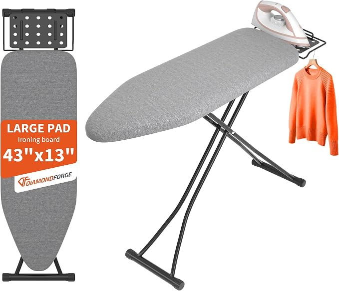 Ironing Board, 43"×13" with Iron Rest, 4 Layer 7 Adjustable Height & Sturdy | Iron Board with Bulit-in Hook and Hanger Bar, Heat Resistant Cover and Pad for Home Apartment Laundry Room Dorm, Gray