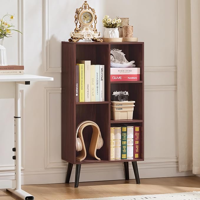 LEYAOYAO 5 Cube Bookshelf, Mid-Century Modern Book Shelf with Legs, Walnut | 3 Tier Bookcase, Rustic Wood Bookshelves Freestanding Small Storage Organizer, Open Shelves for Bedroom, Living Room, Office
