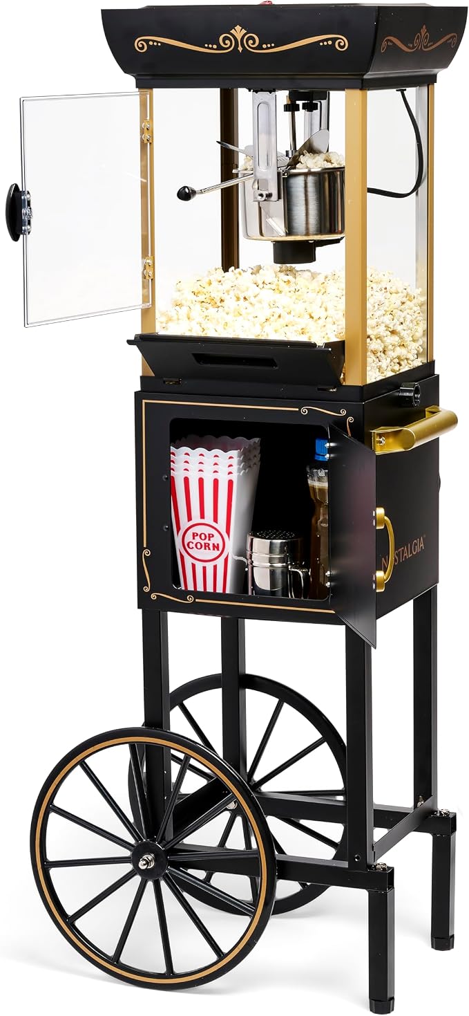 Nostalgia Popcorn Maker Machine - Vintage Theater Style Popcorn Cart With 2.5oz Stainless Steel Kettle, Makes Up To 10 Cups Easily - Bring Home the Fun with Theater Style Popcorn Machine-Black