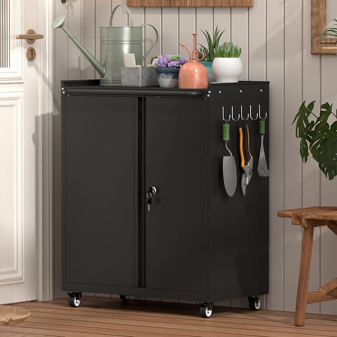 GREATMEET Garage Storage Cabinet with Wheels, Lockable Metal Storage Cabinet, Rolling Tool Cabinet with Adjustable Shelf, Push Handle for Shop, Home, Office, Black