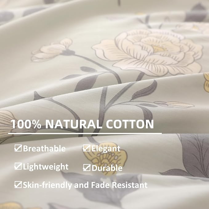OAITE Duvet Cover King Size - 100% Cotton Comforter Cover Floral Duvet Cover Sets 3-PC, Breathable Duvet Cover with Zipper Closure & Corner Ties