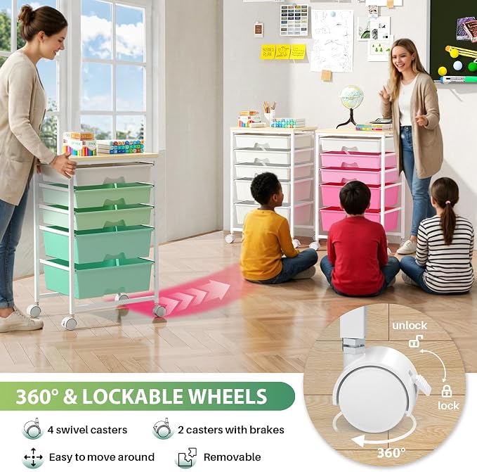 Goovilla Rolling Cart with 5 Drawers for Craft, Art, Dorm, Office, Green | Utility Cart Organizer With 5 Removable Drawers and Wooden Tabletop, Lockable Rolling Storage Organizer for Classroom, Home